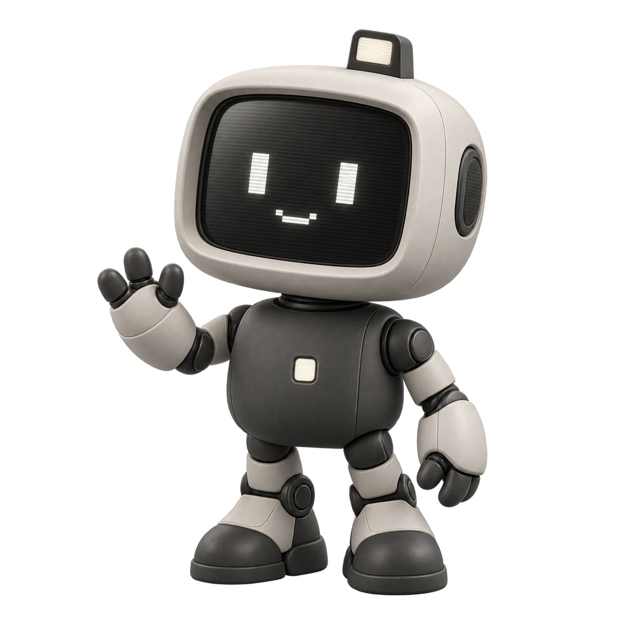 Nori, a monochrome terminal robot with pixel eyes, greeting you